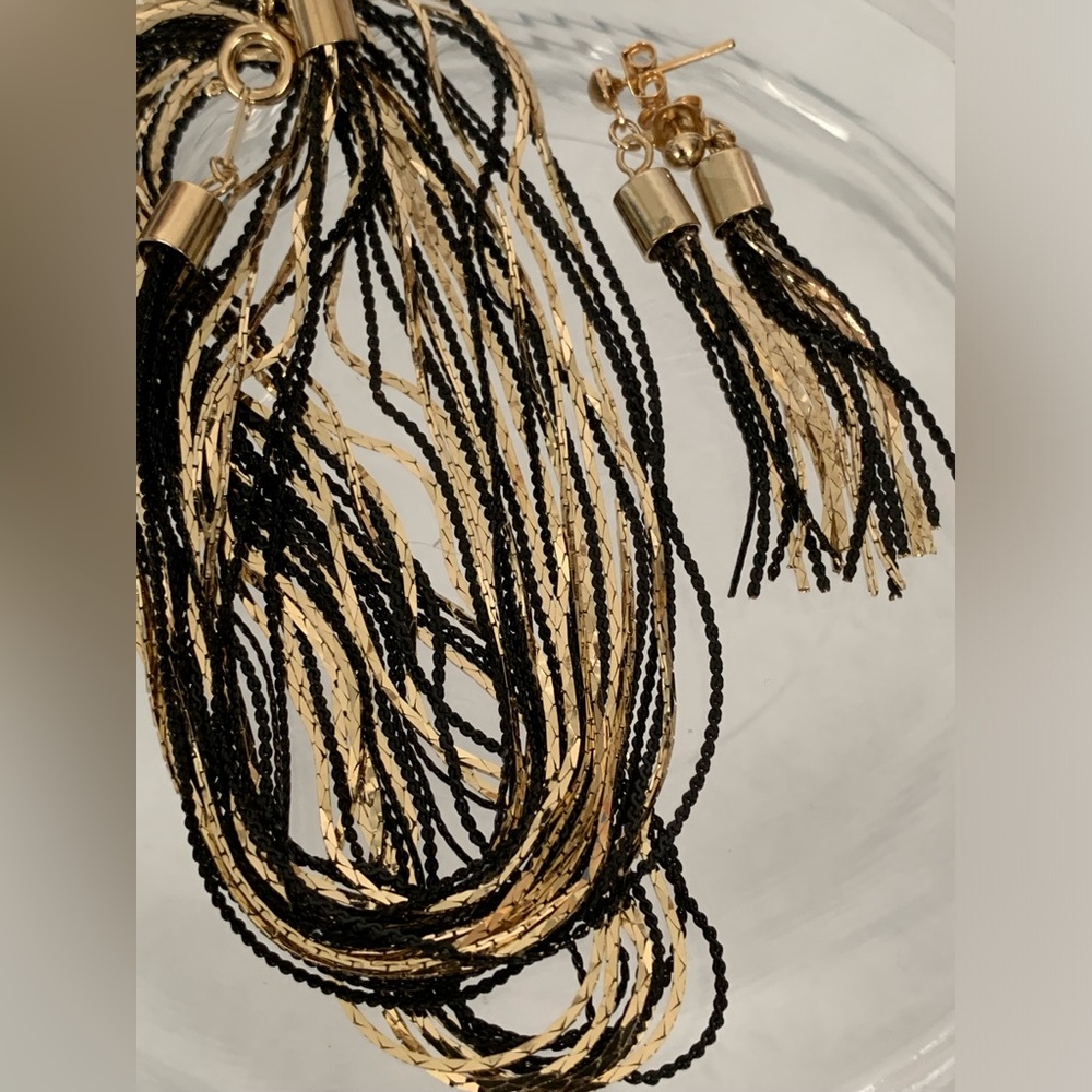 New vintage black & gold multi chain necklace and earrings set
